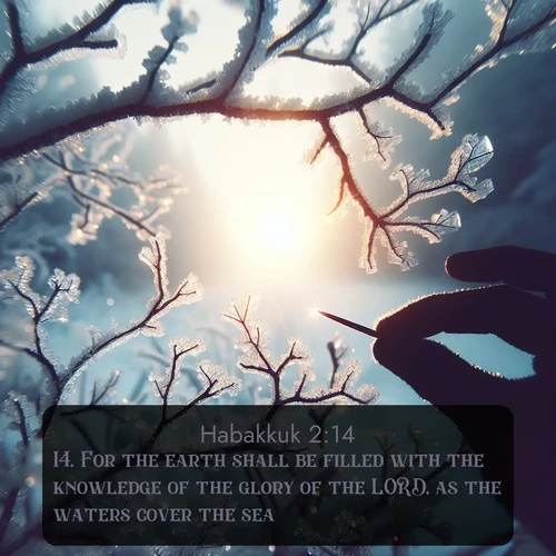 KJV Habakkuk  ; image nature: image with the bible verse :For the earth shall be filled with the knowledge of the glory of the LORD, as the waters cover the sea. ; Dive into our collection of Bible verse images beautifully illustrated with beach photos, featuring gentle waves, sunsets over the sea, and sandy shores. These scenes evoke the peace and majesty of God. Download and share inspiring verses like KJV Habakkuk 2:14. Current verse is overlayed with the thematic nature scene : Winter sunrise glows through ice-coated branches. ; 2:14