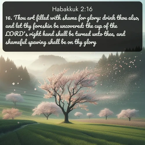 citation biblique : 16. Thou art filled with shame for glory: drink thou also, and let thy foreskin be uncovered: the cup of the LORD&#039;s right hand shall be turned unto thee, and shameful spewing shall be on thy glory.
 sur fond image nature