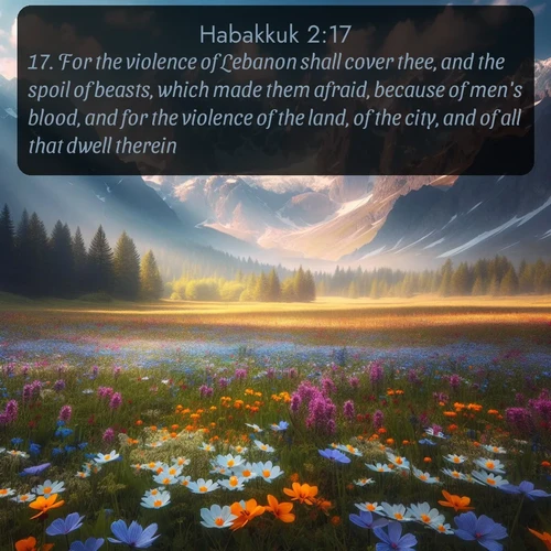 KJV Habakkuk  ; image nature: image with the bible verse :For the violence of Lebanon shall cover thee, and the spoil of beasts, which made them afraid, because of men&#039;s blood, and for the violence of the land, of the city, and of all that dwell therein. ; Explore Bible verse images highlighting the beauty of spring, with vibrant flowers, butterflies, and blossoming fruit trees. These scenes evoke divine hope and renewal. Download inspiring verses like KJV Habakkuk 2:17. Current verse is overlayed with the thematic nature scene : Spring wildflowers carpet an alpine meadow beneath snow-capped peaks. ; 2:17