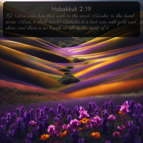 citation biblique : 19. Woe unto him that saith to the wood, Awake; to the dumb stone, Arise, it shall teach! Behold, it is laid over with gold and silver, and there is no breath at all in the midst of it.
 sur fond image nature