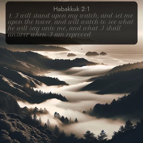 citation biblique : 1. I will stand upon my watch, and set me upon the tower, and will watch to see what he will say unto me, and what I shall answer when I am reproved.
 sur fond image nature