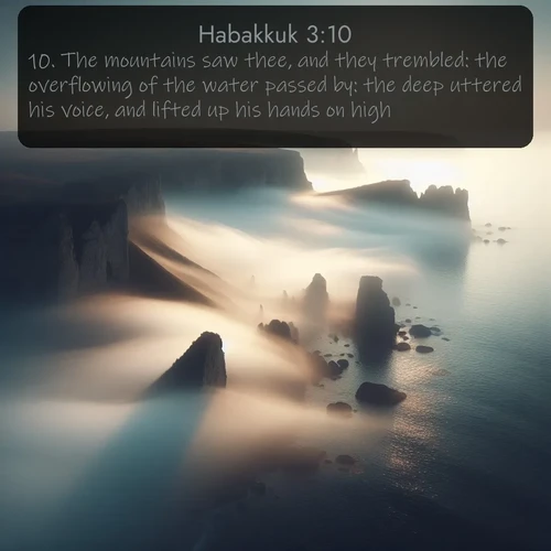 citation biblique : 10. The mountains saw thee, and they trembled: the overflowing of the water passed by: the deep uttered his voice, and lifted up his hands on high.
 sur fond image nature