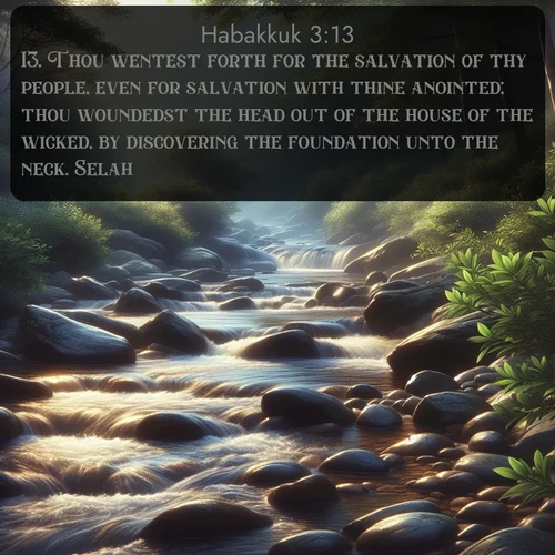 citation biblique : 13. Thou wentest forth for the salvation of thy people, even for salvation with thine anointed; thou woundedst the head out of the house of the wicked, by discovering the foundation unto the neck. Selah.
 sur fond image nature
