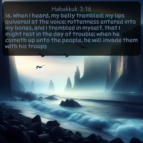 citation biblique : 16. When I heard, my belly trembled; my lips quivered at the voice: rottenness entered into my bones, and I trembled in myself, that I might rest in the day of trouble: when he cometh up unto the people, he will invade them with his troops.
 sur fond image nature