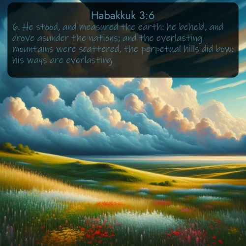citation biblique : 6. He stood, and measured the earth: he beheld, and drove asunder the nations; and the everlasting mountains were scattered, the perpetual hills did bow: his ways are everlasting.
 sur fond image nature