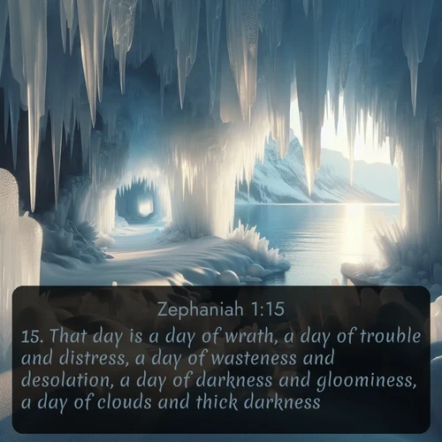 citation biblique : 15. That day is a day of wrath, a day of trouble and distress, a day of wasteness and desolation, a day of darkness and gloominess, a day of clouds and thick darkness,
 sur fond image nature