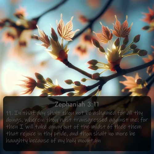 citation biblique : 11. In that day shalt thou not be ashamed for all thy doings, wherein thou hast transgressed against me: for then I will take away out of the midst of thee them that rejoice in thy pride, and thou shalt no more be haughty because of my holy mountain.
 sur fond image nature