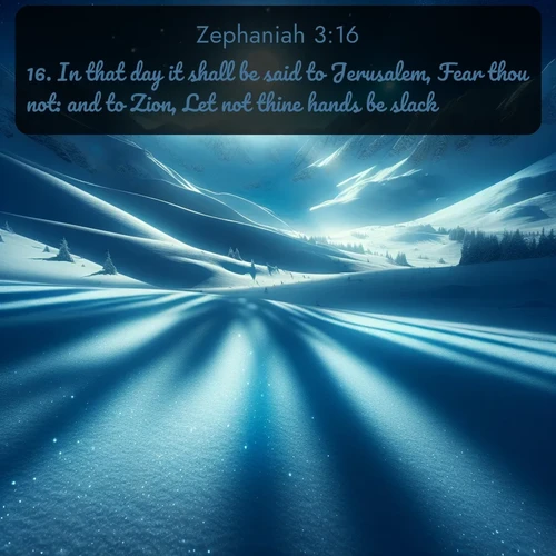citation biblique : 16. In that day it shall be said to Jerusalem, Fear thou not: and to Zion, Let not thine hands be slack.
 sur fond image nature