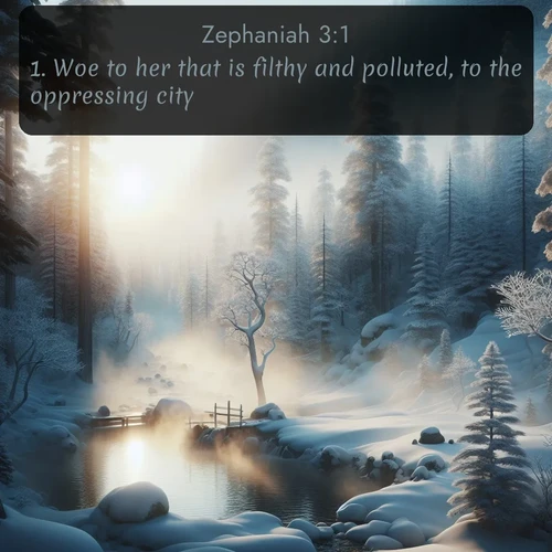 citation biblique : 1. Woe to her that is filthy and polluted, to the oppressing city!
 sur fond image nature