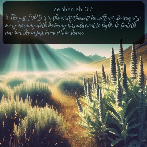 citation biblique : 5. The just LORD is in the midst thereof; he will not do iniquity: every morning doth he bring his judgment to light, he faileth not; but the unjust knoweth no shame.
 sur fond image nature