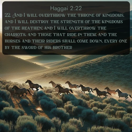 citation biblique : 22. And I will overthrow the throne of kingdoms, and I will destroy the strength of the kingdoms of the heathen; and I will overthrow the chariots, and those that ride in them; and the horses and their riders shall come down, every one by the sword of his brother.
 sur fond image nature