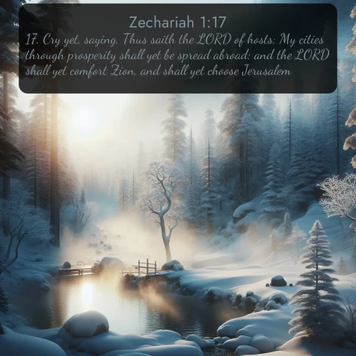 citation biblique : 17. Cry yet, saying, Thus saith the LORD of hosts; My cities through prosperity shall yet be spread abroad; and the LORD shall yet comfort Zion, and shall yet choose Jerusalem.
 sur fond image nature