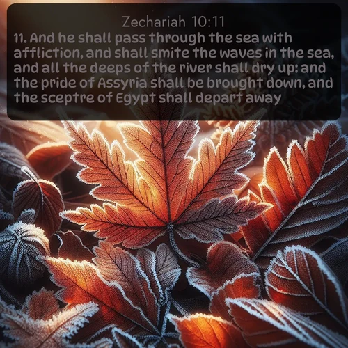 citation biblique : 11. And he shall pass through the sea with affliction, and shall smite the waves in the sea, and all the deeps of the river shall dry up: and the pride of Assyria shall be brought down, and the sceptre of Egypt shall depart away.
 sur fond image nature