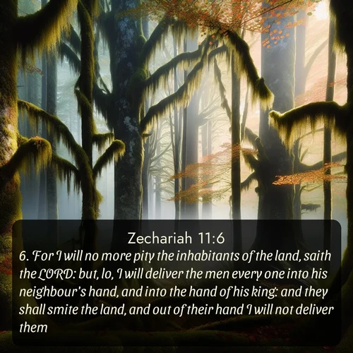citation biblique : 6. For I will no more pity the inhabitants of the land, saith the LORD: but, lo, I will deliver the men every one into his neighbour&#039;s hand, and into the hand of his king: and they shall smite the land, and out of their hand I will not deliver them.
 sur fond image nature