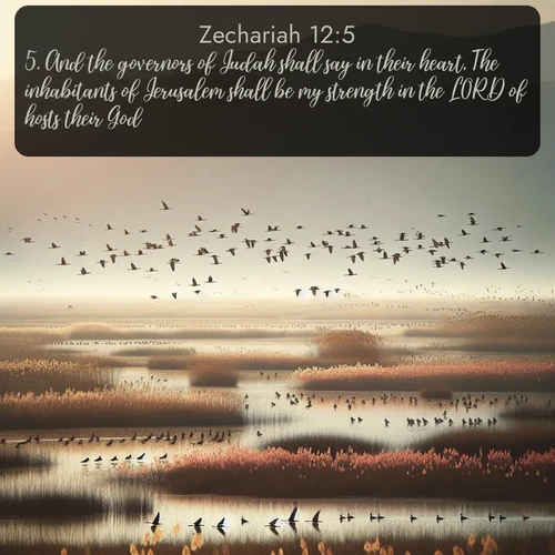 citation biblique : 5. And the governors of Judah shall say in their heart, The inhabitants of Jerusalem shall be my strength in the LORD of hosts their God.
 sur fond image nature