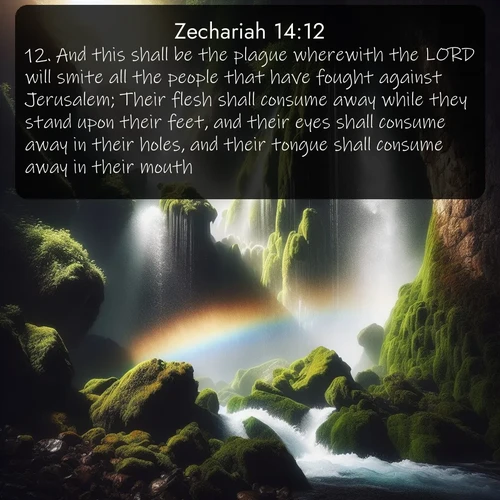citation biblique : 12. And this shall be the plague wherewith the LORD will smite all the people that have fought against Jerusalem; Their flesh shall consume away while they stand upon their feet, and their eyes shall consume away in their holes, and their tongue shall consume away in their mouth.
 sur fond image nature