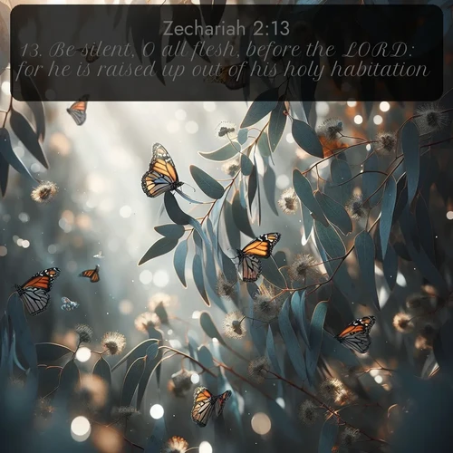 citation biblique : 13. Be silent, O all flesh, before the LORD: for he is raised up out of his holy habitation.
 sur fond image nature