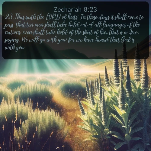 citation biblique : 23. Thus saith the LORD of hosts; In those days it shall come to pass, that ten men shall take hold out of all languages of the nations, even shall take hold of the skirt of him that is a Jew, saying, We will go with you: for we have heard that God is with you.
 sur fond image nature