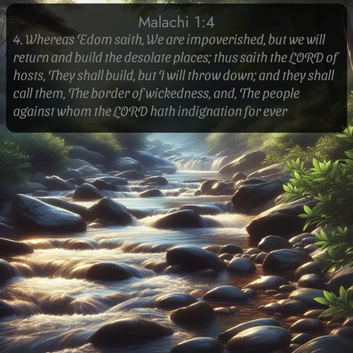 citation biblique : 4. Whereas Edom saith, We are impoverished, but we will return and build the desolate places; thus saith the LORD of hosts, They shall build, but I will throw down; and they shall call them, The border of wickedness, and, The people against whom the LORD hath indignation for ever.
 sur fond image nature