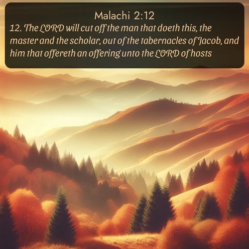 KJV Malachi  ; image nature: image with the bible verse :The LORD will cut off the man that doeth this, the master and the scholar, out of the tabernacles of Jacob, and him that offereth an offering unto the LORD of hosts. ; Explore a collection of free Bible verse images paired with serene landscapes like golden beaches, verdant forests, and clear blue skies. Each image is ideal for desktop or phone wallpapers. Share verses like KJV Malachi 2:12. Current verse is overlayed with the thematic nature scene : Autumn colors paint hillsides in warm earth tones. ; 2:12