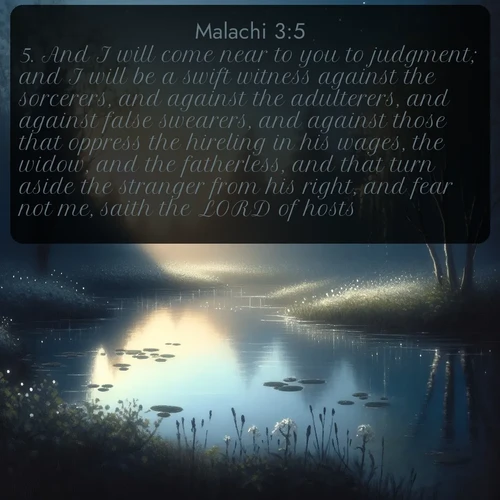 citation biblique : 5. And I will come near to you to judgment; and I will be a swift witness against the sorcerers, and against the adulterers, and against false swearers, and against those that oppress the hireling in his wages, the widow, and the fatherless, and that turn aside the stranger from his right, and fear not me, saith the LORD of hosts.
 sur fond image nature