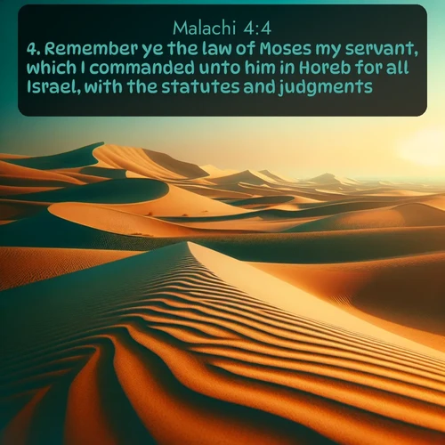 KJV Malachi 4:4 overlaying nature image scene: Desert dunes ripple endlessly under the scorching sun, their golden crests sharp against the azure sky. A sidewinder's tracks weave delicate patterns in the sand.;4. Remember ye the law of Moses my servant, which I commanded unto him in Horeb for all Israel, with the statutes and judgments.