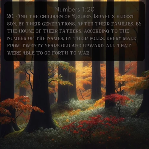 citation biblique : 20. And the children of Reuben, Israel&#039;s eldest son, by their generations, after their families, by the house of their fathers, according to the number of the names, by their polls, every male from twenty years old and upward, all that were able to go forth to war;
 sur fond image nature