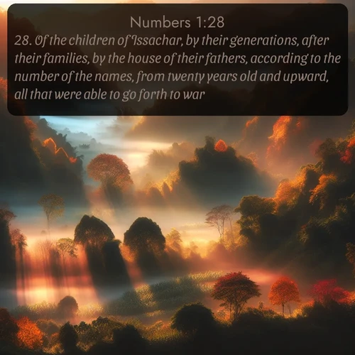 citation biblique : 28. Of the children of Issachar, by their generations, after their families, by the house of their fathers, according to the number of the names, from twenty years old and upward, all that were able to go forth to war;
 sur fond image nature