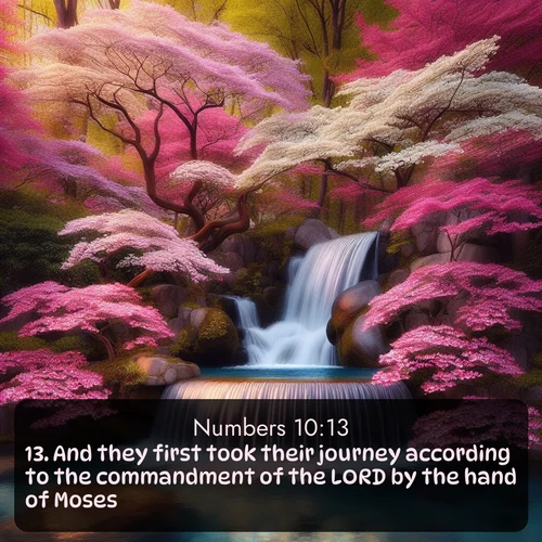 citation biblique : 13. And they first took their journey according to the commandment of the LORD by the hand of Moses.
 sur fond image nature