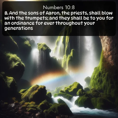 citation biblique : 8. And the sons of Aaron, the priests, shall blow with the trumpets; and they shall be to you for an ordinance for ever throughout your generations.
 sur fond image nature