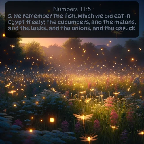 citation biblique : 5. We remember the fish, which we did eat in Egypt freely; the cucumbers, and the melons, and the leeks, and the onions, and the garlick:
 sur fond image nature