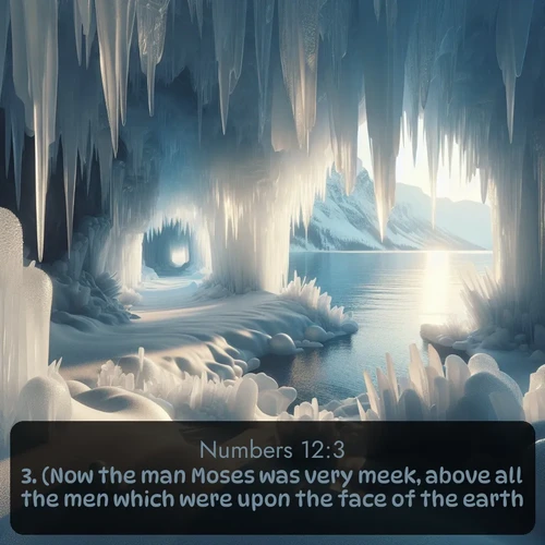 KJV Numbers  ; image nature: image with the bible verse :(Now the man Moses was very meek, above all the men which were upon the face of the earth.) ; Explore a spring collection of Bible images, with landscapes of green hills, wildflowers, and crystal-clear streams. These images symbolize the blossoming of God&#039;s creation. Download verses like KJV Numbers 12:3. Current verse is overlayed with the thematic nature scene : Winter ice forms crystal caves along lake cliffs. ; 12:3