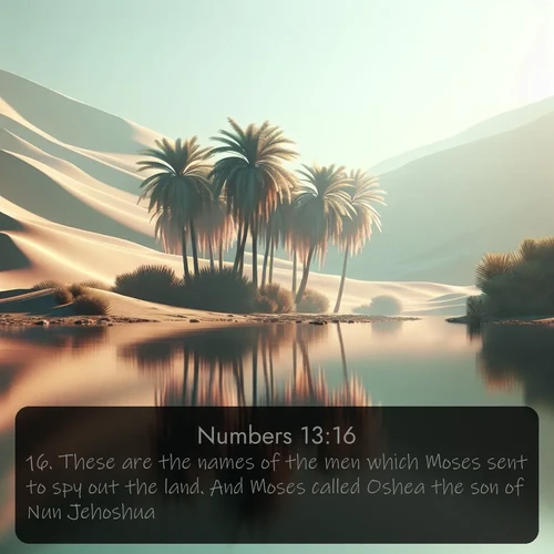 citation biblique : 16. These are the names of the men which Moses sent to spy out the land. And Moses called Oshea the son of Nun Jehoshua.
 sur fond image nature
