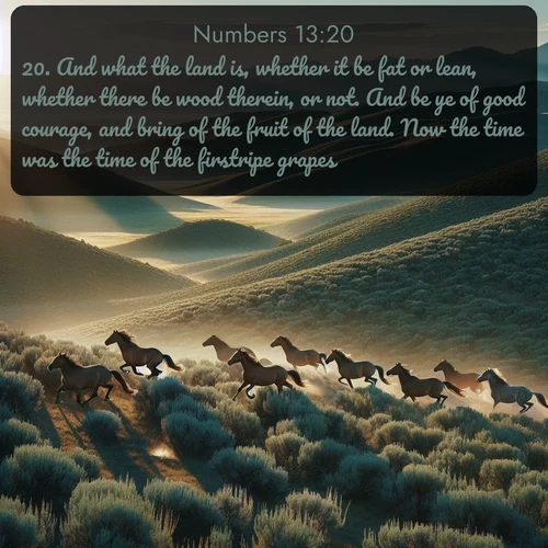 KJV Numbers  ; image nature: image with the bible verse :And what the land is, whether it be fat or lean, whether there be wood therein, or not. And be ye of good courage, and bring of the fruit of the land. Now the time was the time of the firstripe grapes. ; Dive into our collection of Bible verse images beautifully illustrated with beach photos, featuring gentle waves, sunsets over the sea, and sandy shores. These scenes evoke the peace and majesty of God. Download and share inspiring verses like KJV Numbers 13:20. Current verse is overlayed with the thematic nature scene : Wild mustangs gallop across sage-covered hills in the morning light. ; 13:20