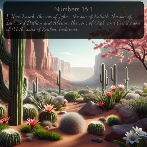 citation biblique : 1. Now Korah, the son of Izhar, the son of Kohath, the son of Levi, and Dathan and Abiram, the sons of Eliab, and On, the son of Peleth, sons of Reuben, took men:
 sur fond image nature