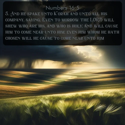 citation biblique : 5. And he spake unto Korah and unto all his company, saying, Even to morrow the LORD will shew who are his, and who is holy; and will cause him to come near unto him: even him whom he hath chosen will he cause to come near unto him.
 sur fond image nature