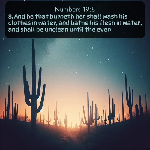 citation biblique : 8. And he that burneth her shall wash his clothes in water, and bathe his flesh in water, and shall be unclean until the even.
 sur fond image nature
