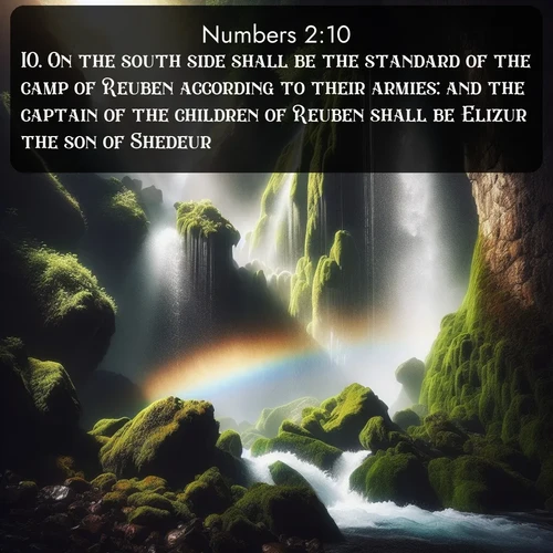 citation biblique : 10. On the south side shall be the standard of the camp of Reuben according to their armies: and the captain of the children of Reuben shall be Elizur the son of Shedeur.
 sur fond image nature