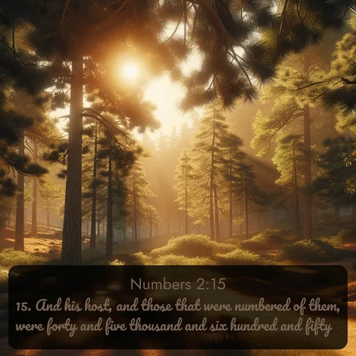 KJV Numbers  ; image nature: image with the bible verse :And his host, and those that were numbered of them, were forty and five thousand and six hundred and fifty. ; Dive into our collection of Bible verses paired with breathtaking desert landscapes, featuring infinite dunes, shaded oases, and desert sunsets. These images highlight the majestic grandeur of God&#039;s creation. Download and share verses like KJV Numbers 2:15. Current verse is overlayed with the thematic nature scene : Summer heat brings out the scent of pine needles. ; 2:15