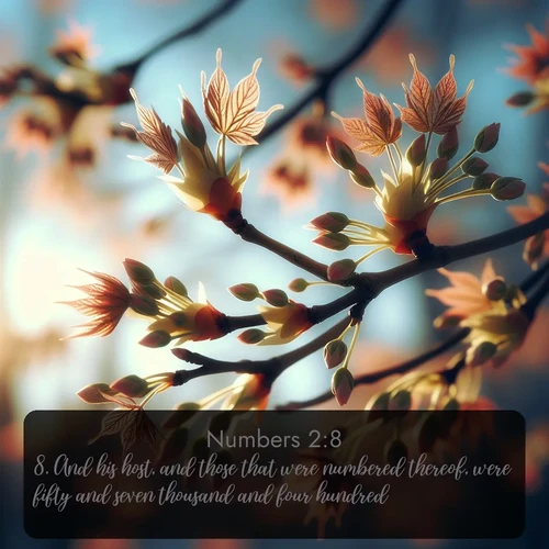 citation biblique : 8. And his host, and those that were numbered thereof, were fifty and seven thousand and four hundred.
 sur fond image nature