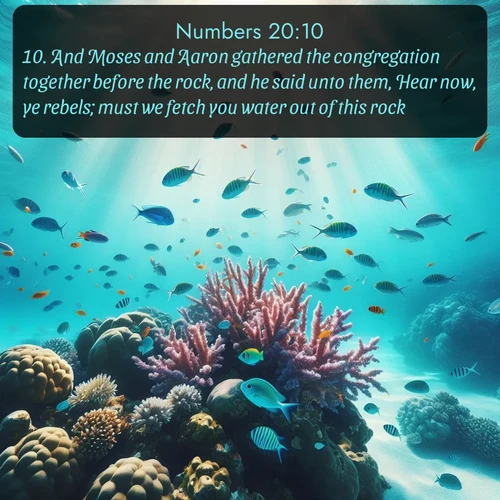 citation biblique : 10. And Moses and Aaron gathered the congregation together before the rock, and he said unto them, Hear now, ye rebels; must we fetch you water out of this rock?
 sur fond image nature
