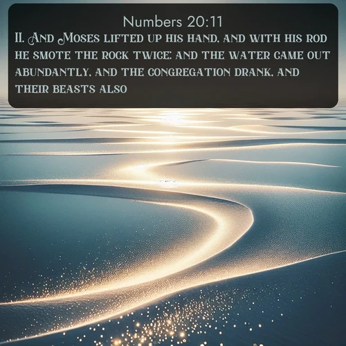 citation biblique : 11. And Moses lifted up his hand, and with his rod he smote the rock twice: and the water came out abundantly, and the congregation drank, and their beasts also.
 sur fond image nature