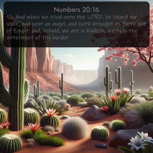 citation biblique : 16. And when we cried unto the LORD, he heard our voice, and sent an angel, and hath brought us forth out of Egypt: and, behold, we are in Kadesh, a city in the uttermost of thy border:
 sur fond image nature