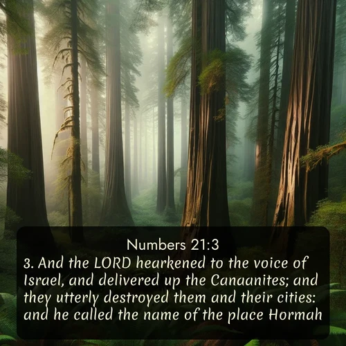 citation biblique : 3. And the LORD hearkened to the voice of Israel, and delivered up the Canaanites; and they utterly destroyed them and their cities: and he called the name of the place Hormah.
 sur fond image nature