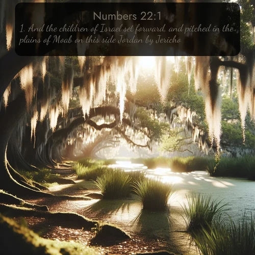 citation biblique : 1. And the children of Israel set forward, and pitched in the plains of Moab on this side Jordan by Jericho.
 sur fond image nature