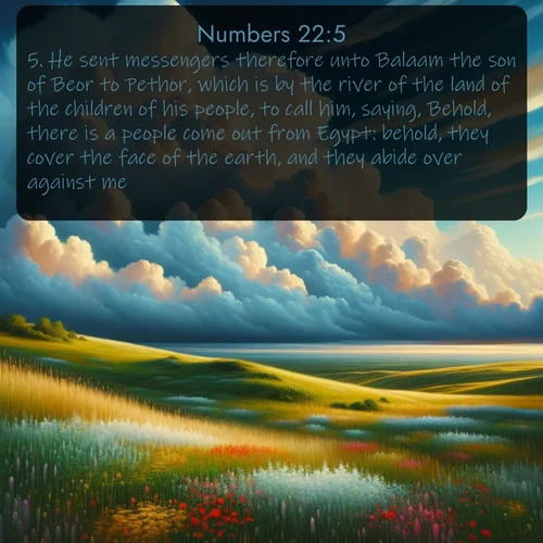 citation biblique : 5. He sent messengers therefore unto Balaam the son of Beor to Pethor, which is by the river of the land of the children of his people, to call him, saying, Behold, there is a people come out from Egypt: behold, they cover the face of the earth, and they abide over against me:
 sur fond image nature