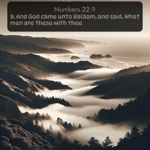 citation biblique : 9. And God came unto Balaam, and said, What men are these with thee?
 sur fond image nature