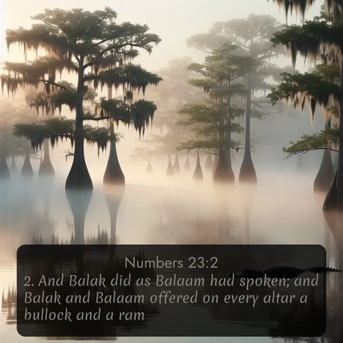 citation biblique : 2. And Balak did as Balaam had spoken; and Balak and Balaam offered on every altar a bullock and a ram.
 sur fond image nature