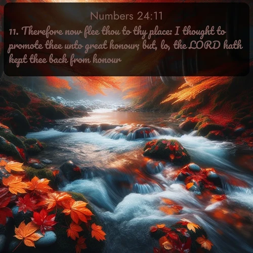 KJV Numbers 24:11 overlaying nature image scene: Autumn leaves swirl in eddies along a mountain stream.;11. Therefore now flee thou to thy place: I thought to promote thee unto great honour; but, lo, the LORD hath kept thee back from honour.