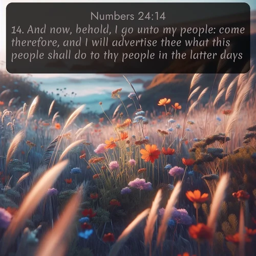 KJV Numbers 24:14 overlaying nature image scene: Summer wildflowers wave in the breeze on coastal bluffs.;14. And now, behold, I go unto my people: come therefore, and I will advertise thee what this people shall do to thy people in the latter days.